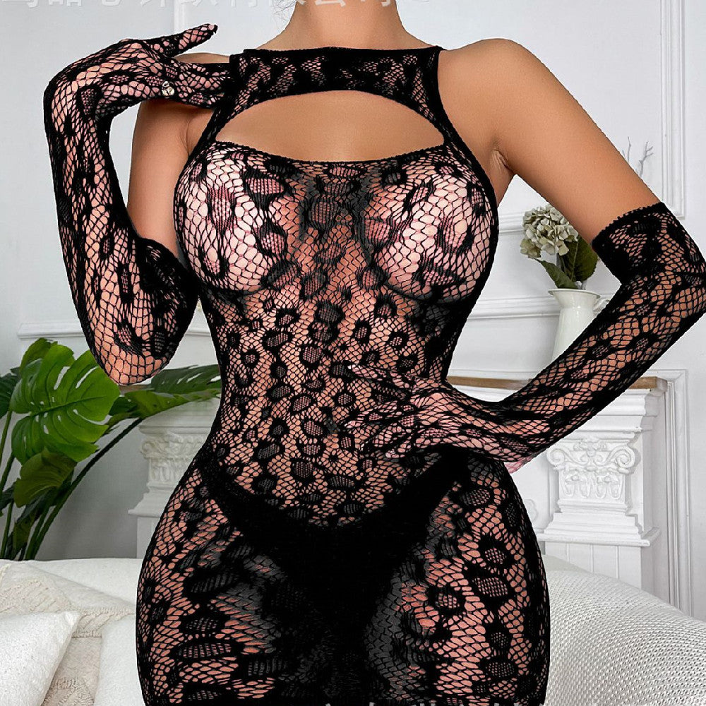 Fishnet Dress and Gloves Set - Black / High Elastic