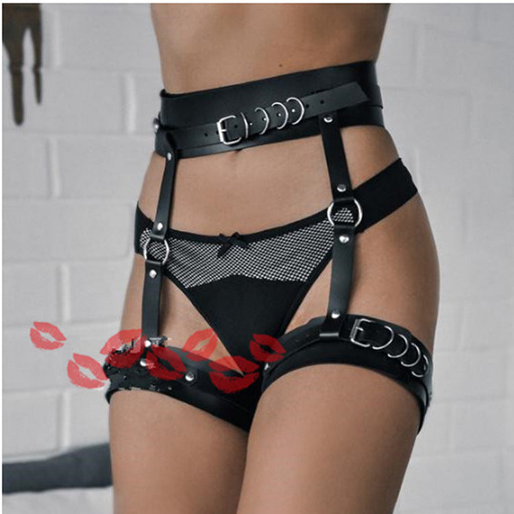 Faux Leather Garter Belt with Leg Rings