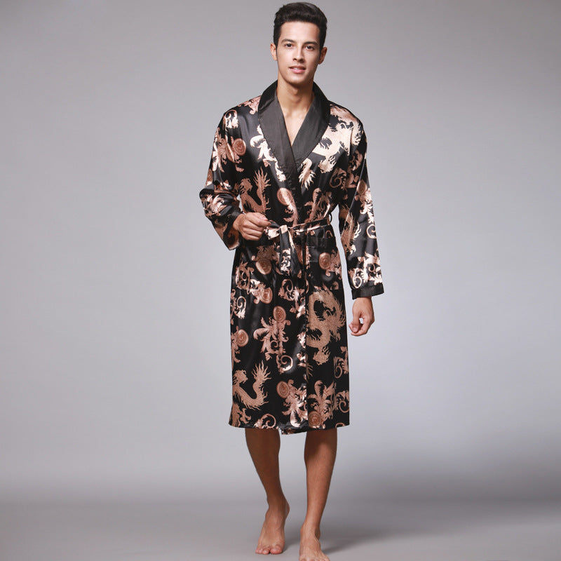 Men's Satin Robe - Black / Dragon / 3XL