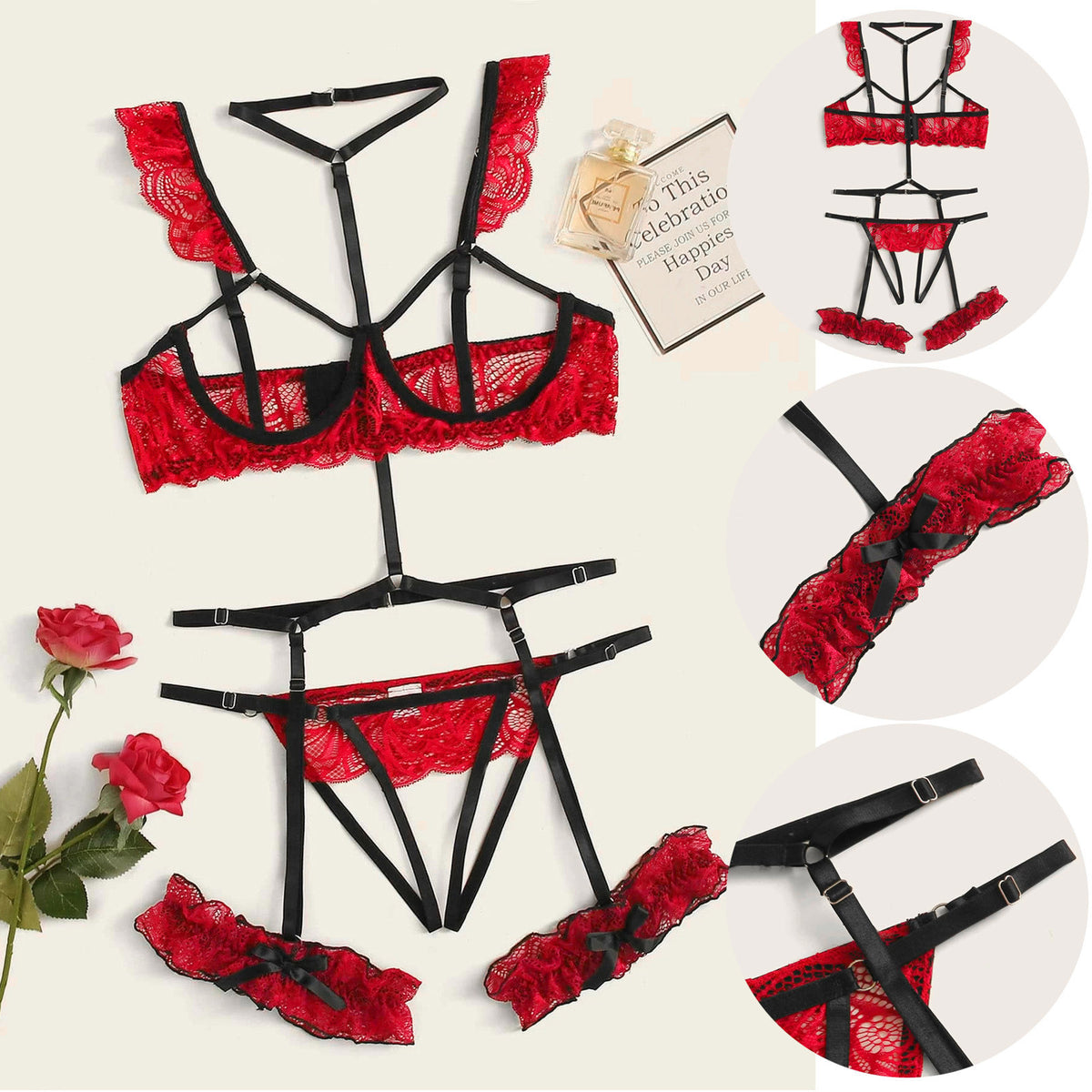 Open Cup Crotchless Lingerie Set with Garter