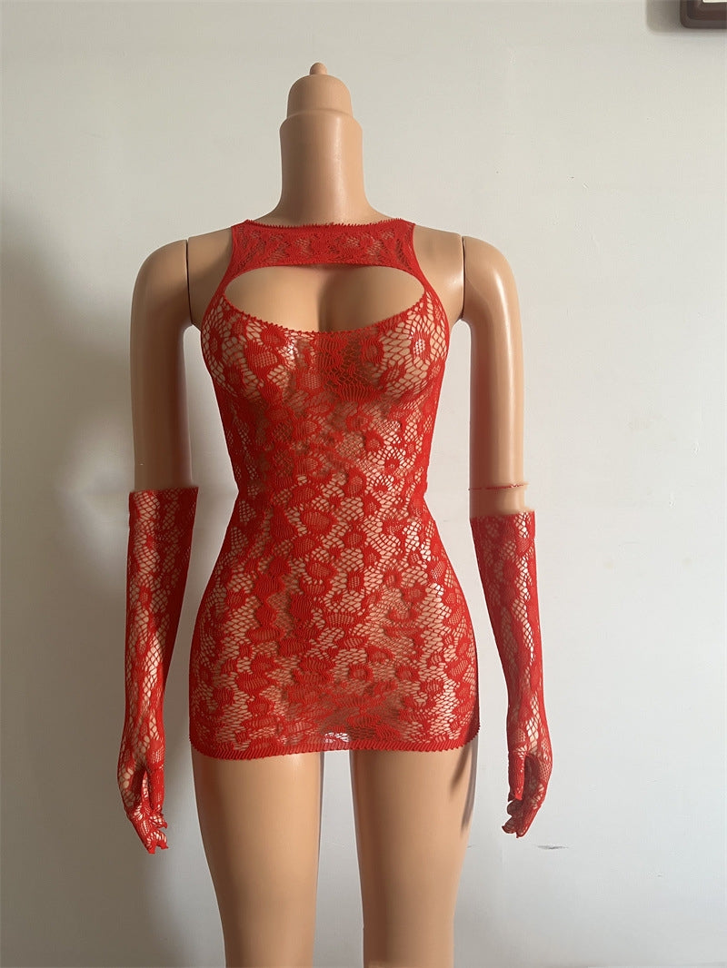 Fishnet Dress and Gloves Set - Bright Red / High Elastic