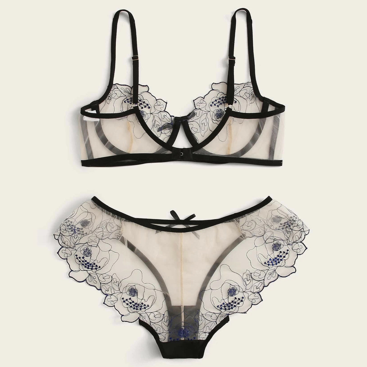 Embroidered Sheer Mesh Lingerie Set