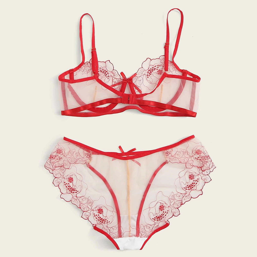 Embroidered Sheer Mesh Lingerie Set - Red / S