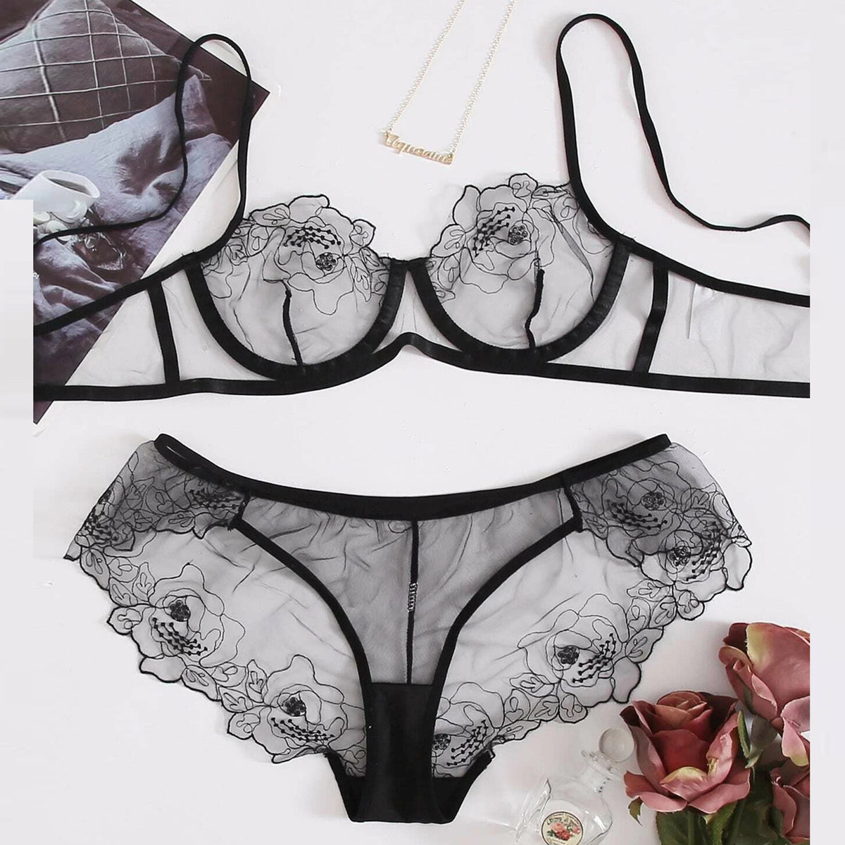 Embroidered Sheer Mesh Lingerie Set