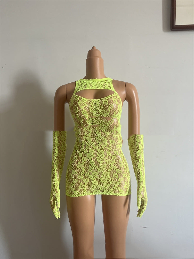 Fishnet Dress and Gloves Set - Fluorescent Yellow / High Elastic