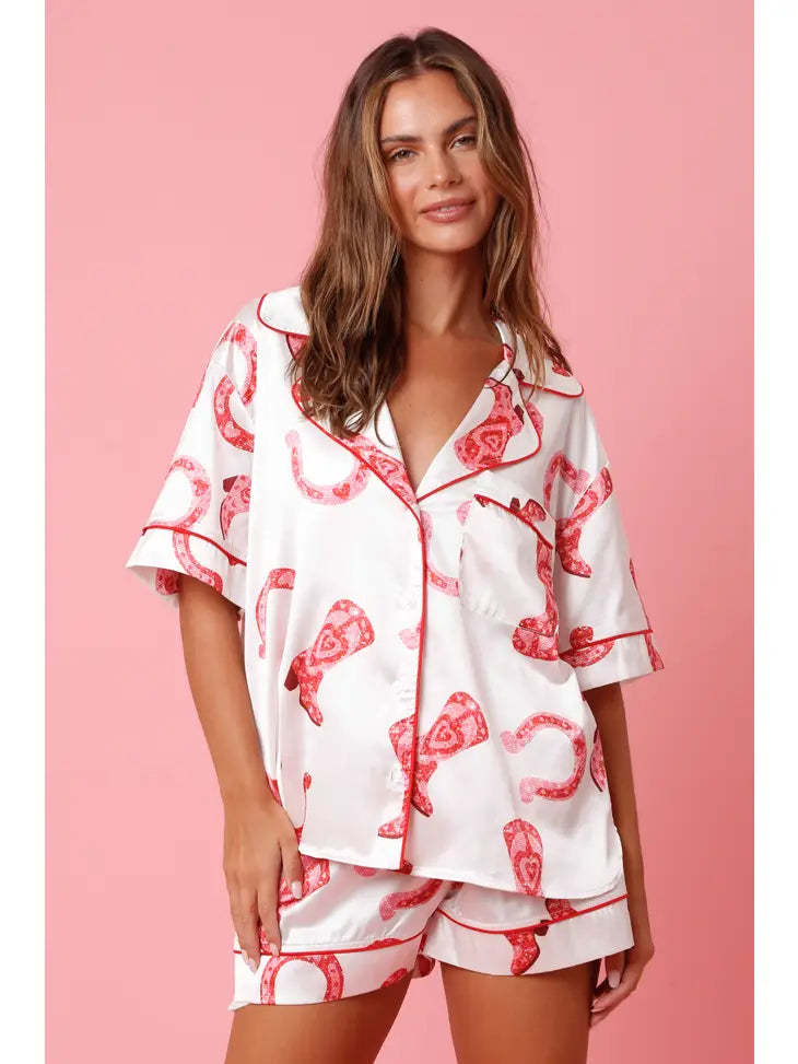 Printed Satin Pyjama Set - White Boots / S