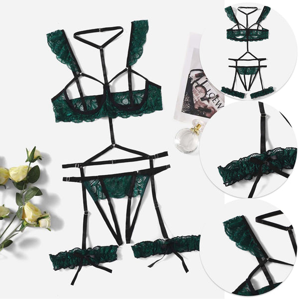 Open Cup Crotchless Lingerie Set with Garter