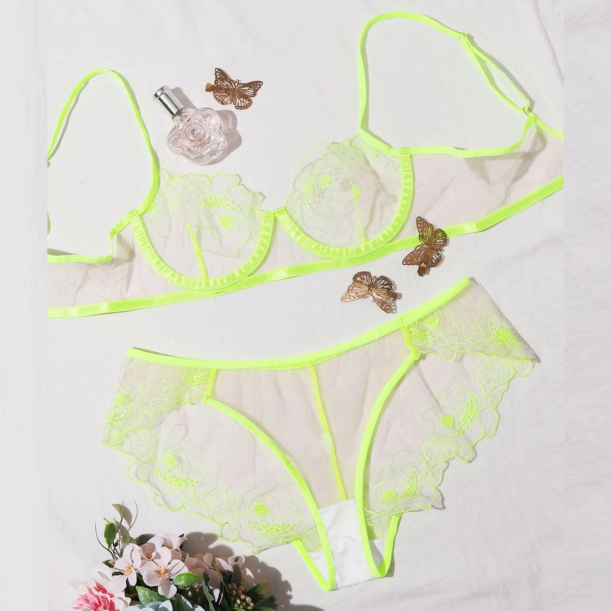 Embroidered Sheer Mesh Lingerie Set